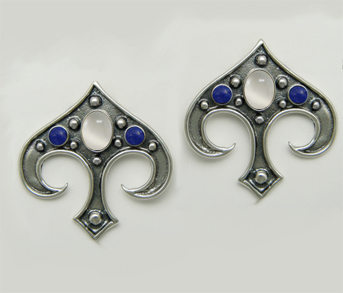 Sterling Silver Gothic Inspired Drop Dangle Earrings With White Moonstone And Lapis Lazuli